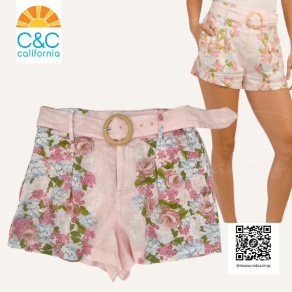 C&C California (NWT Medium)  Pink 100% Linen Belted Floral Shorts - 3" Inseam